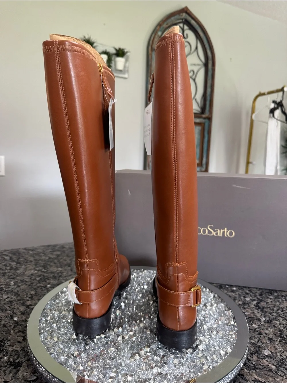 Franco Sarto Tall Cognac Over-the-Knee Boots with Gold Buckle NEW WIDE CALF 7